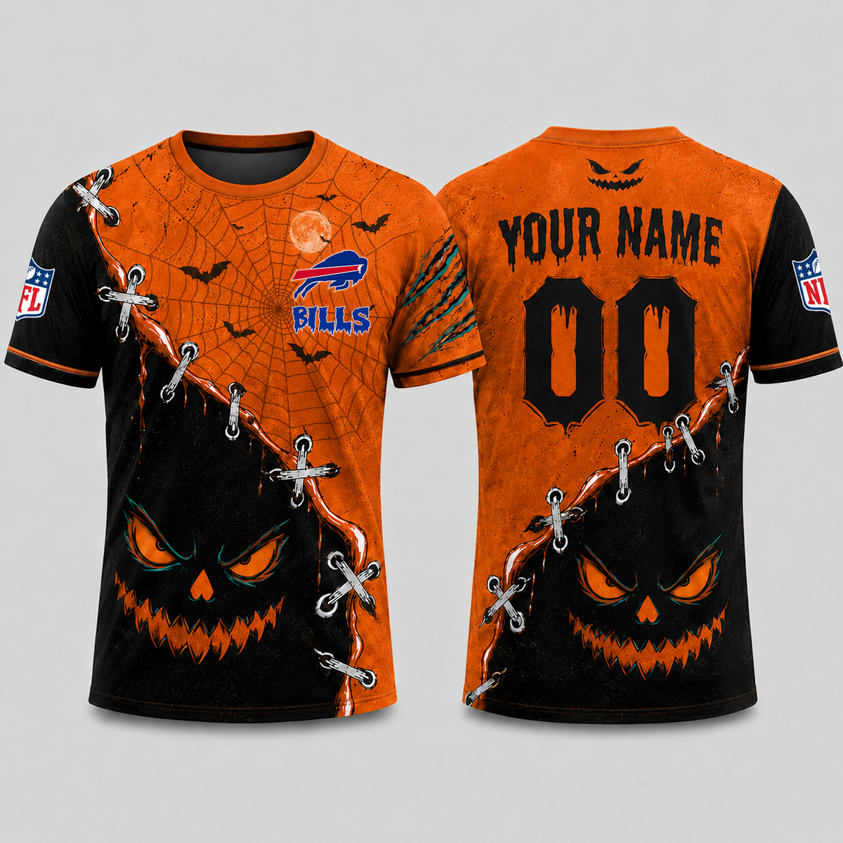 BUF x NFL Halloween Pumpkin Stitched Horror TShirt
