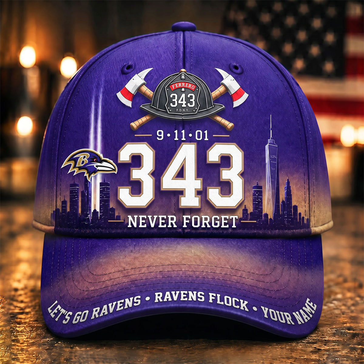 PREMIUM NFL x BAL EXCLUSIVE PERSONALIZED 911 Never Forget 343 Firefighter Memorial Cap