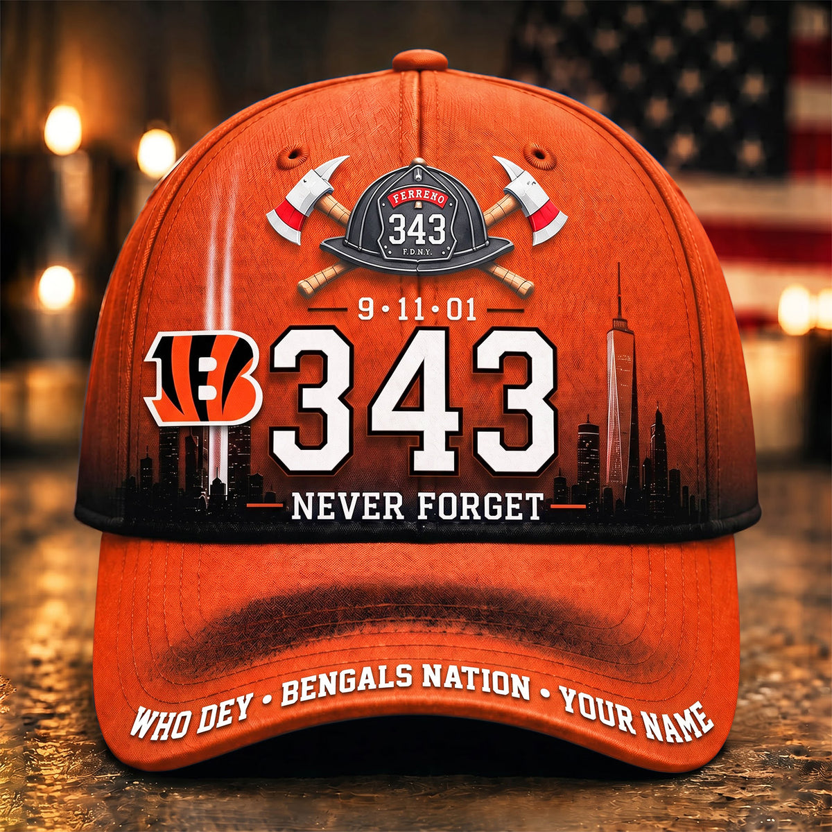 PREMIUM NFL x CIN EXCLUSIVE PERSONALIZED 911 Never Forget 343 Firefighter Memorial Cap