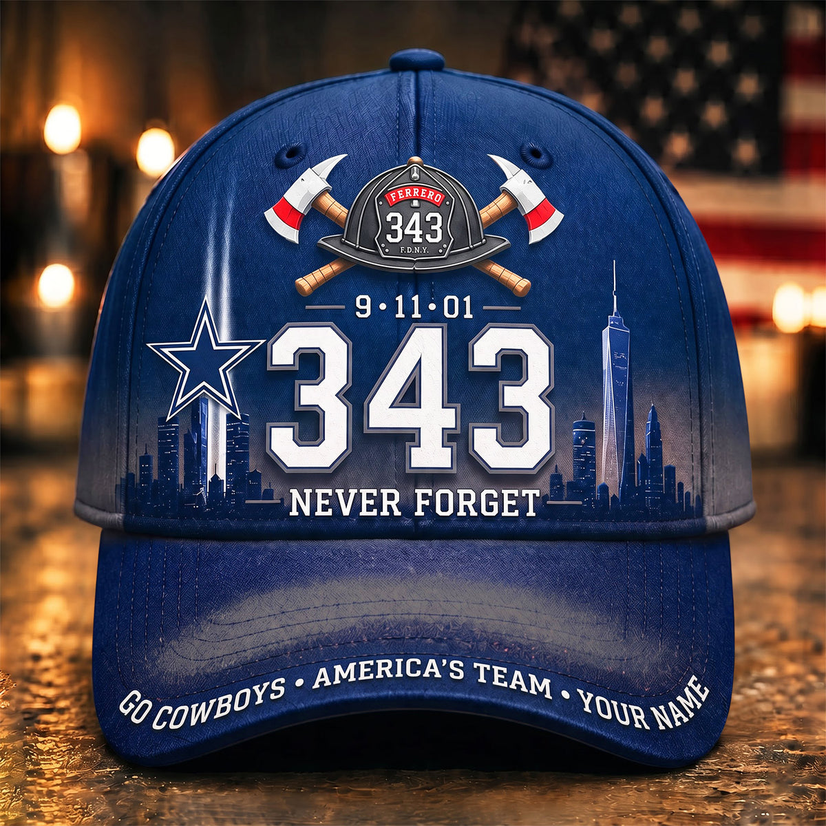 PREMIUM NFL x DAL EXCLUSIVE PERSONALIZED 911 Never Forget 343 Firefighter Memorial Cap
