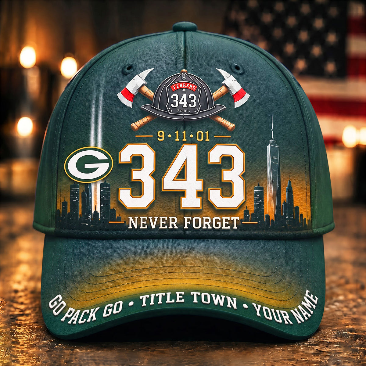 PREMIUM NFL x GB EXCLUSIVE PERSONALIZED 911 Never Forget 343 Firefighter Memorial Cap