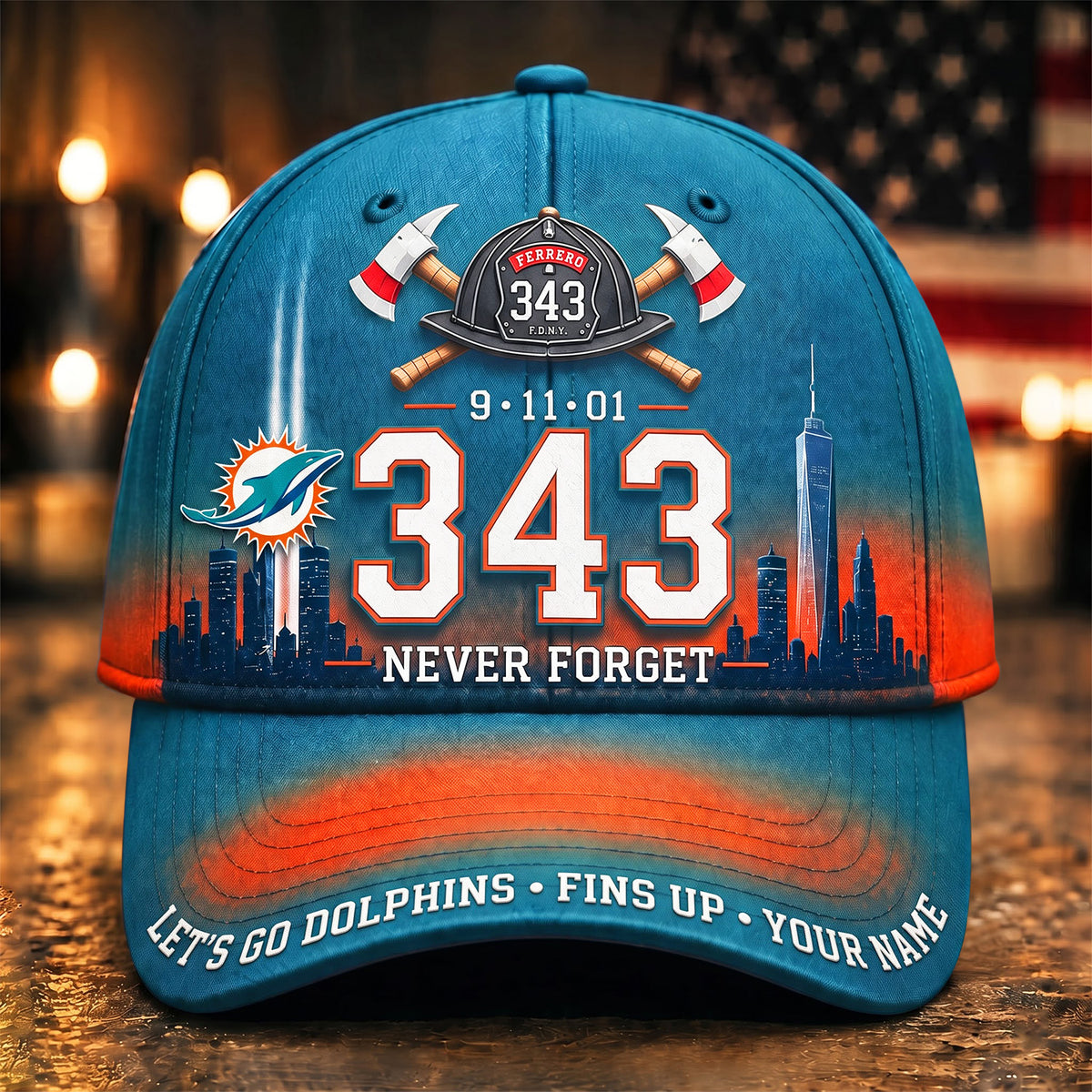 PREMIUM NFL x MIA EXCLUSIVE PERSONALIZED 911 Never Forget 343 Firefighter Memorial Cap