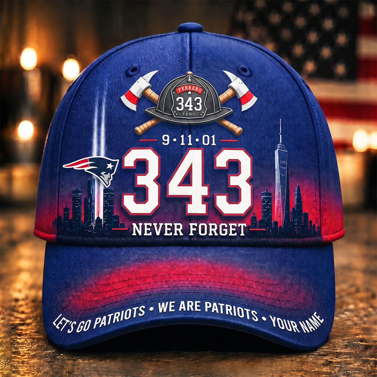 PREMIUM NFL x NE EXCLUSIVE PERSONALIZED 911 Never Forget 343 Firefighter Memorial Cap