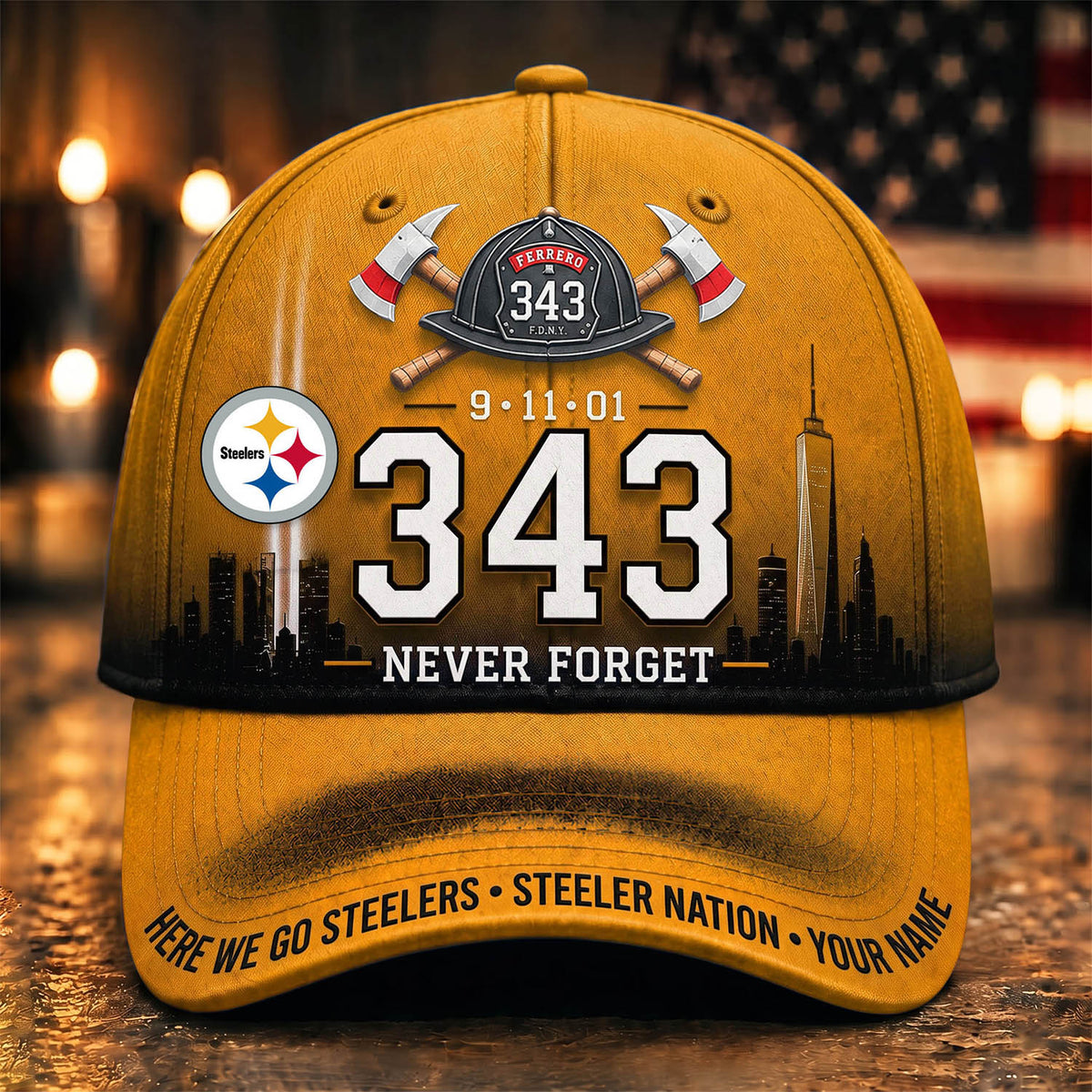 PREMIUM NFL x PIT EXCLUSIVE PERSONALIZED 911 Never Forget 343 Firefighter Memorial Cap