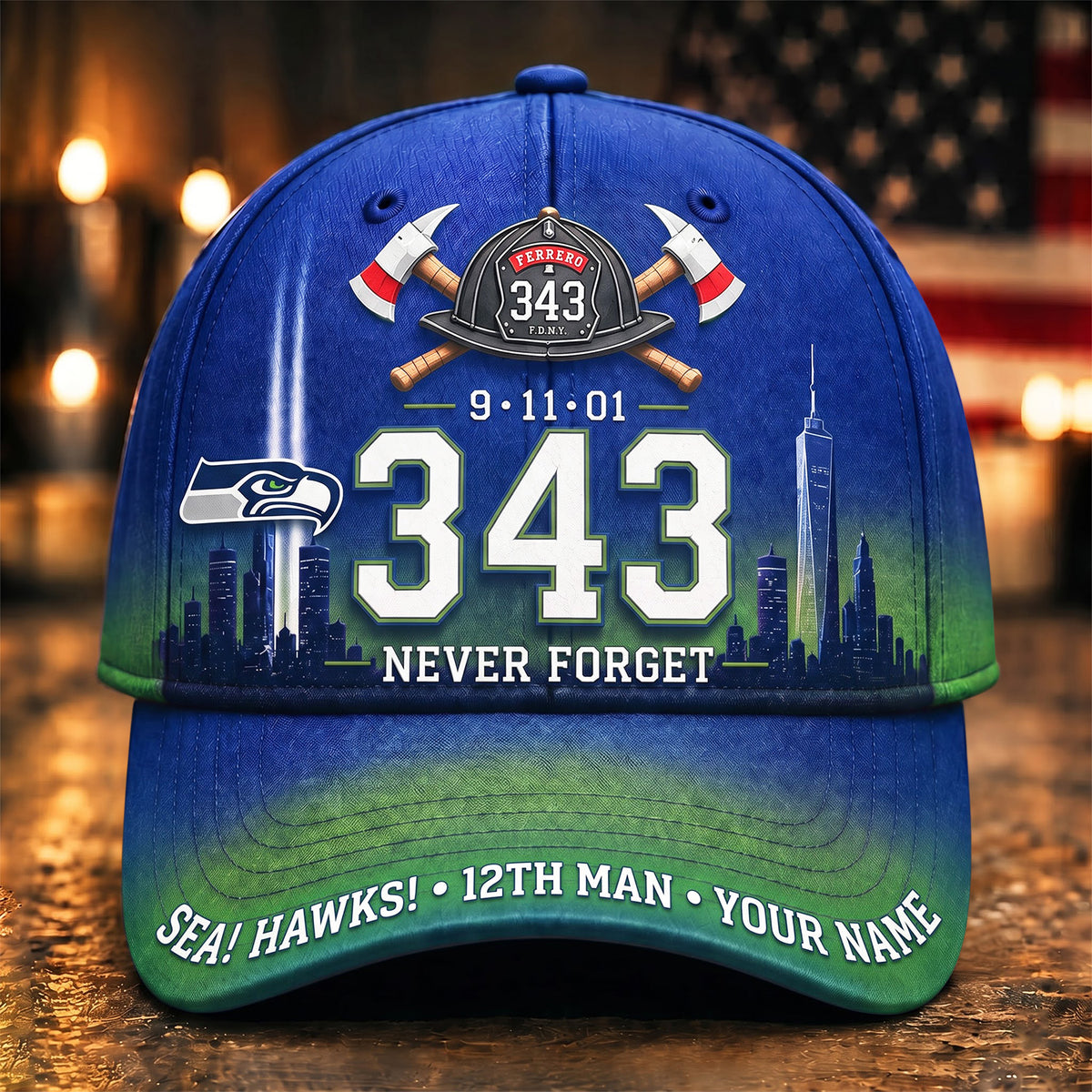PREMIUM NFL x SEA EXCLUSIVE PERSONALIZED 911 Never Forget 343 Firefighter Memorial Cap