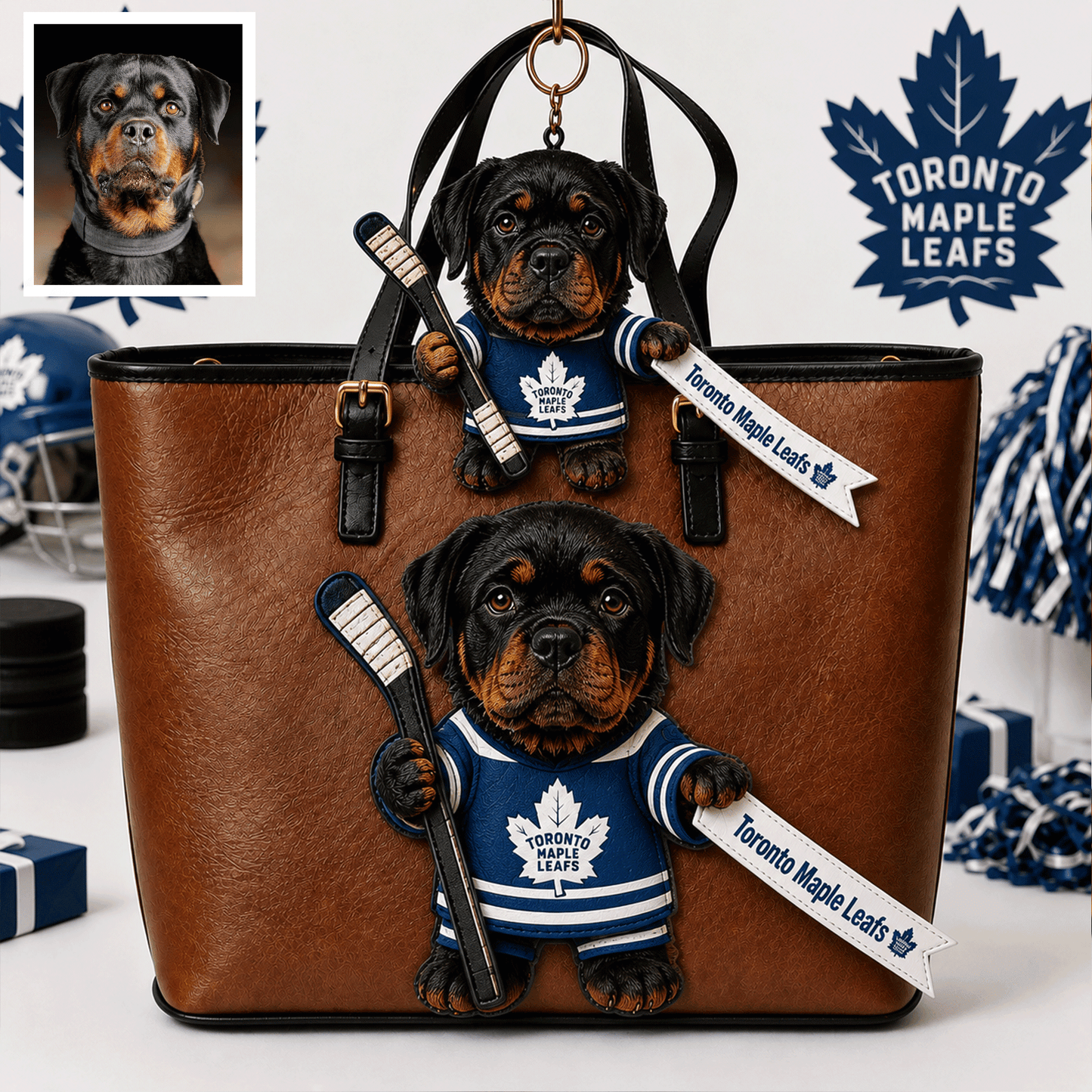 Premium NHL Personalized Dog Leather Bag With Plush Charm NMD CTKT