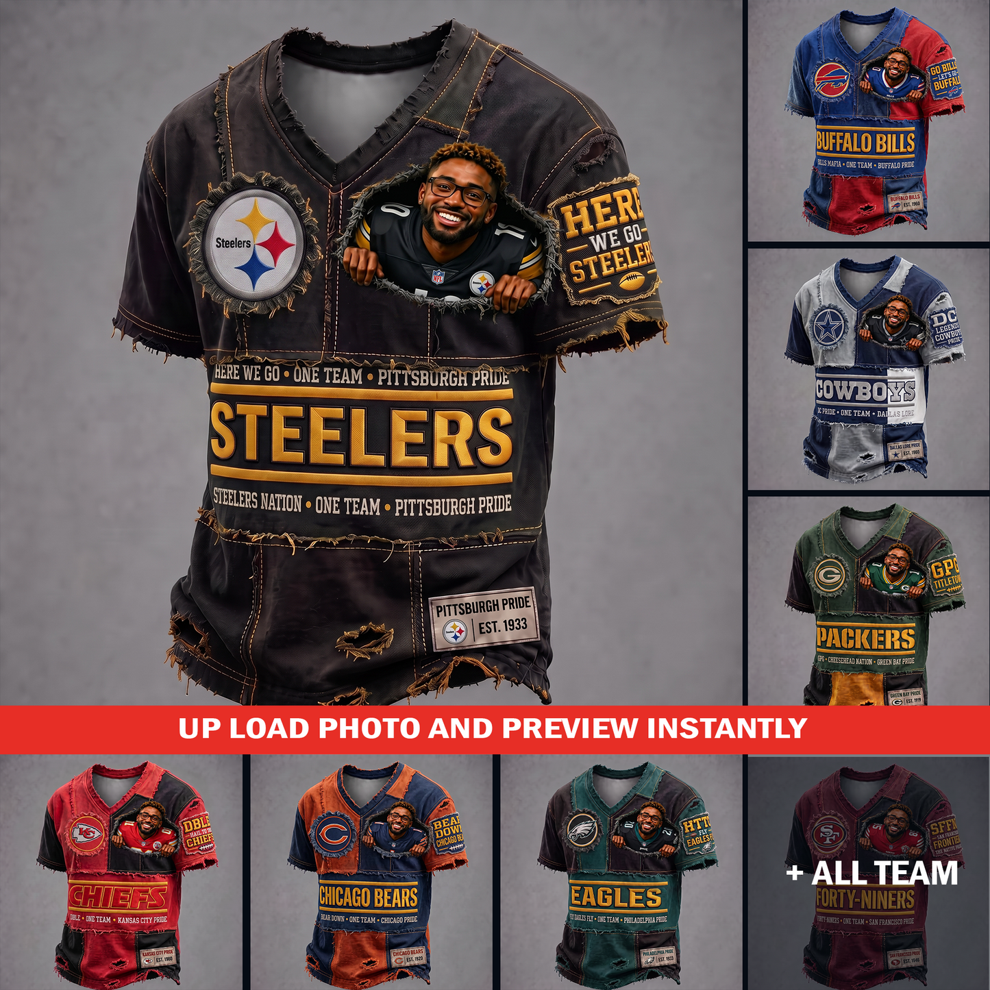 Personalized NFL Distressed Patchwork Tee – Custom Face Edition 1107 NAK TTT