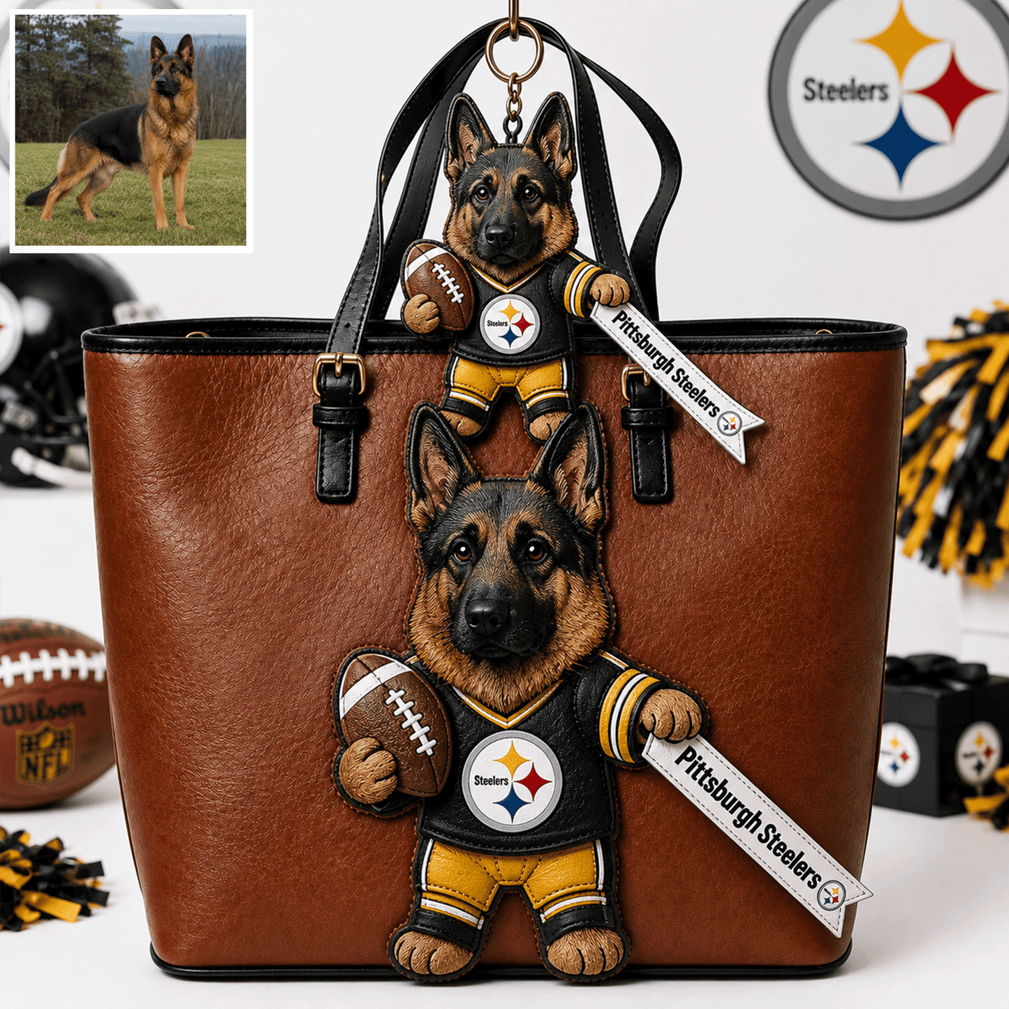 Premium NFL Personalized Dog Leather Bag With Plush Charm NMD CTKT