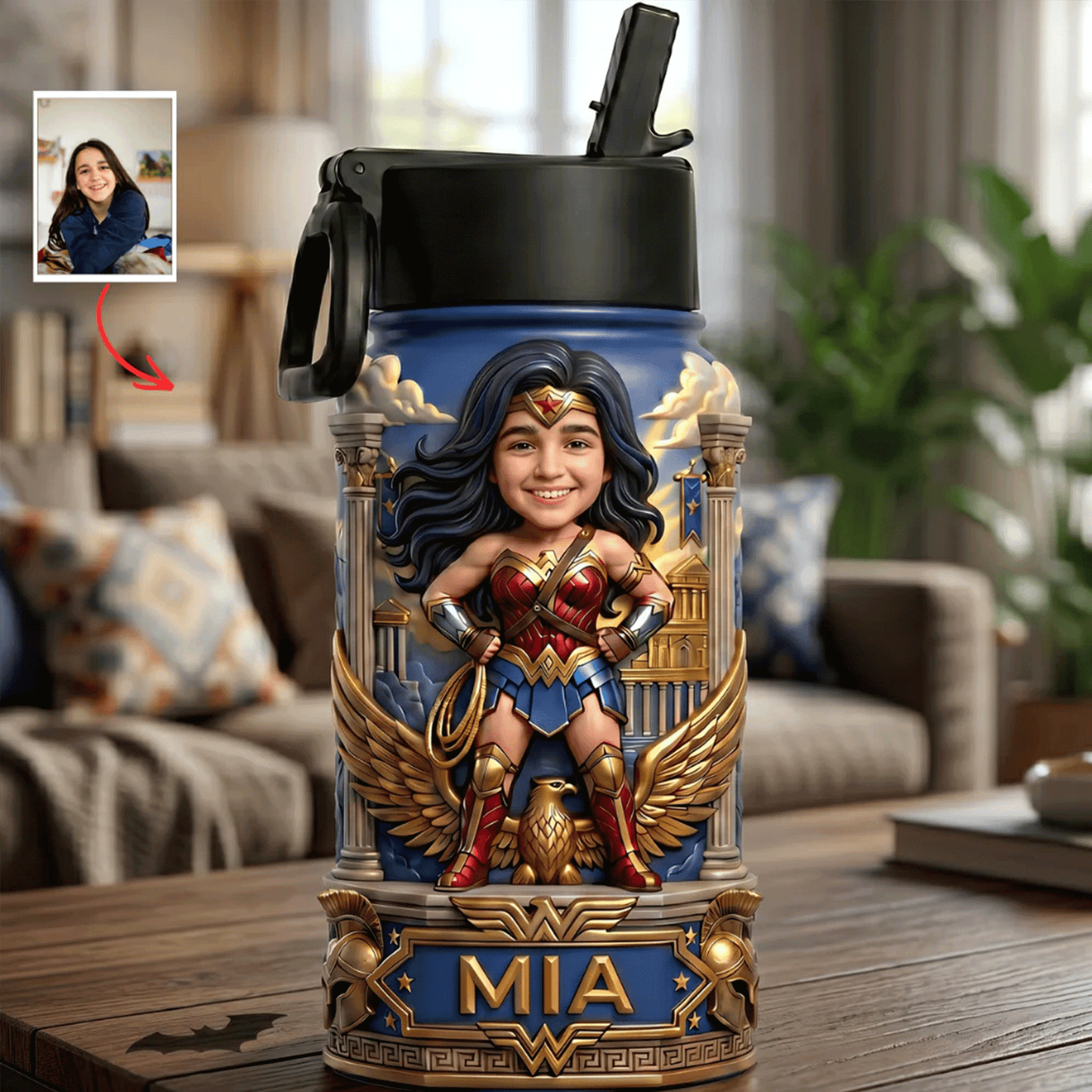 Premium Superhero Custom Photo & Name Kids Water Bottle NMD CTKT