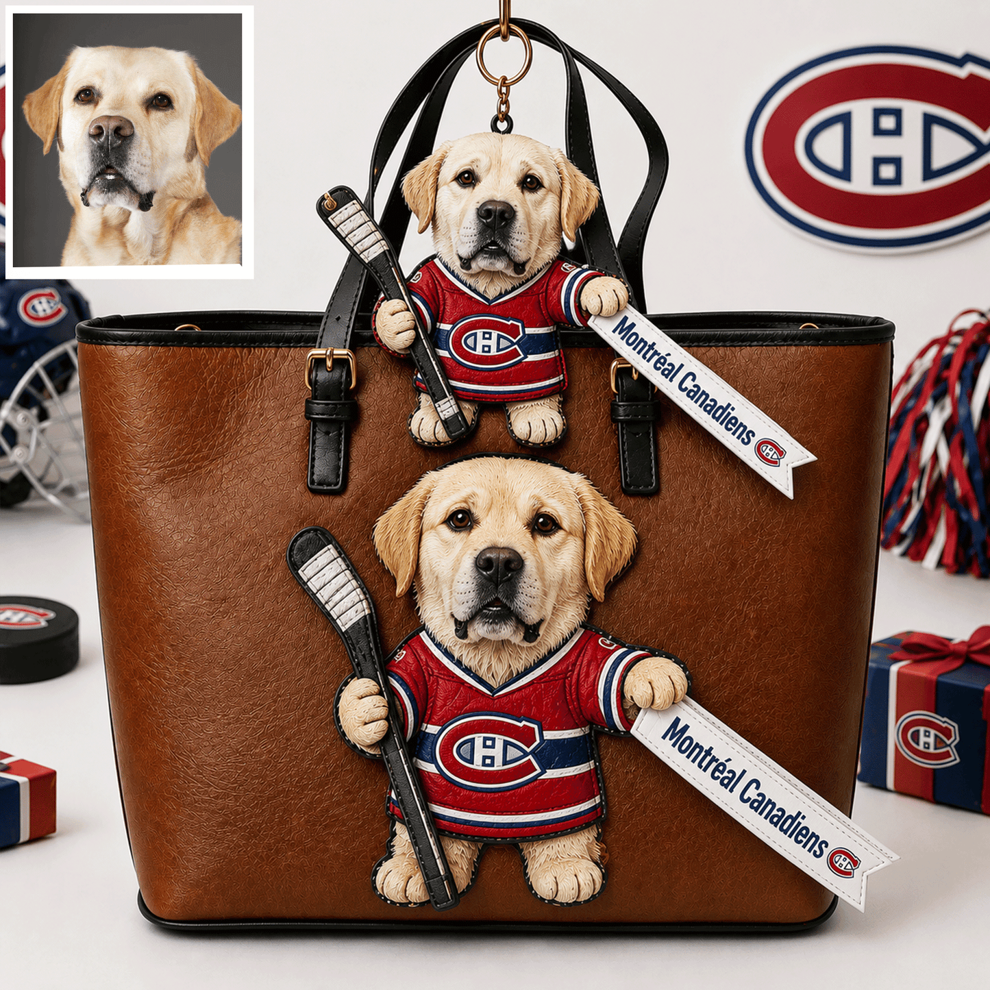 Premium NHL Personalized Dog Leather Bag With Plush Charm NMD CTKT