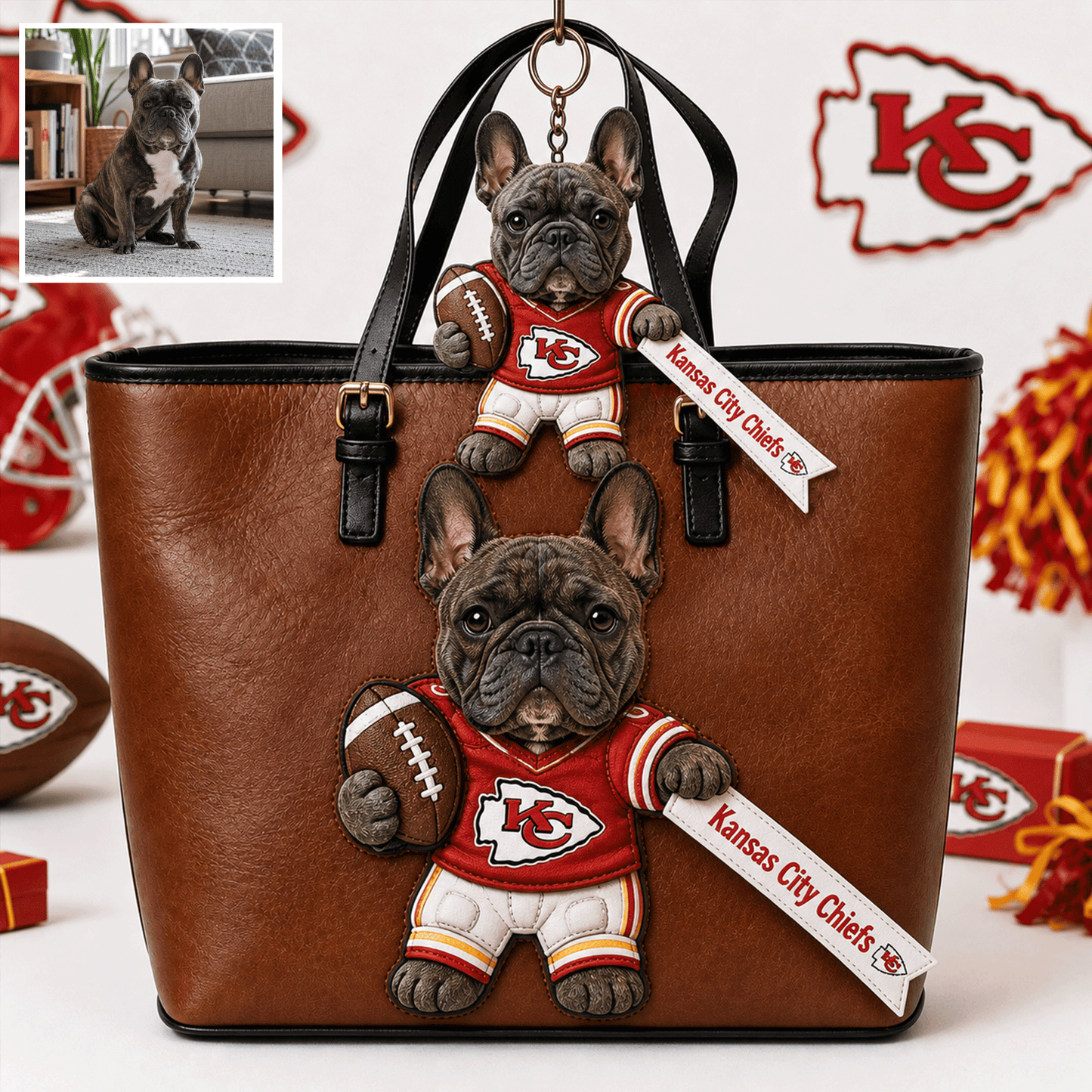 Premium NFL Personalized Dog Leather Bag With Plush Charm NMD CTKT