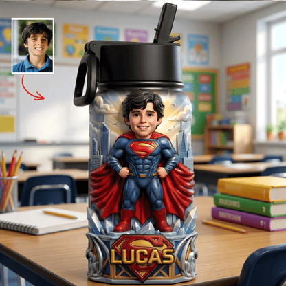 Premium Superhero Custom Photo & Name Kids Water Bottle NMD CTKT