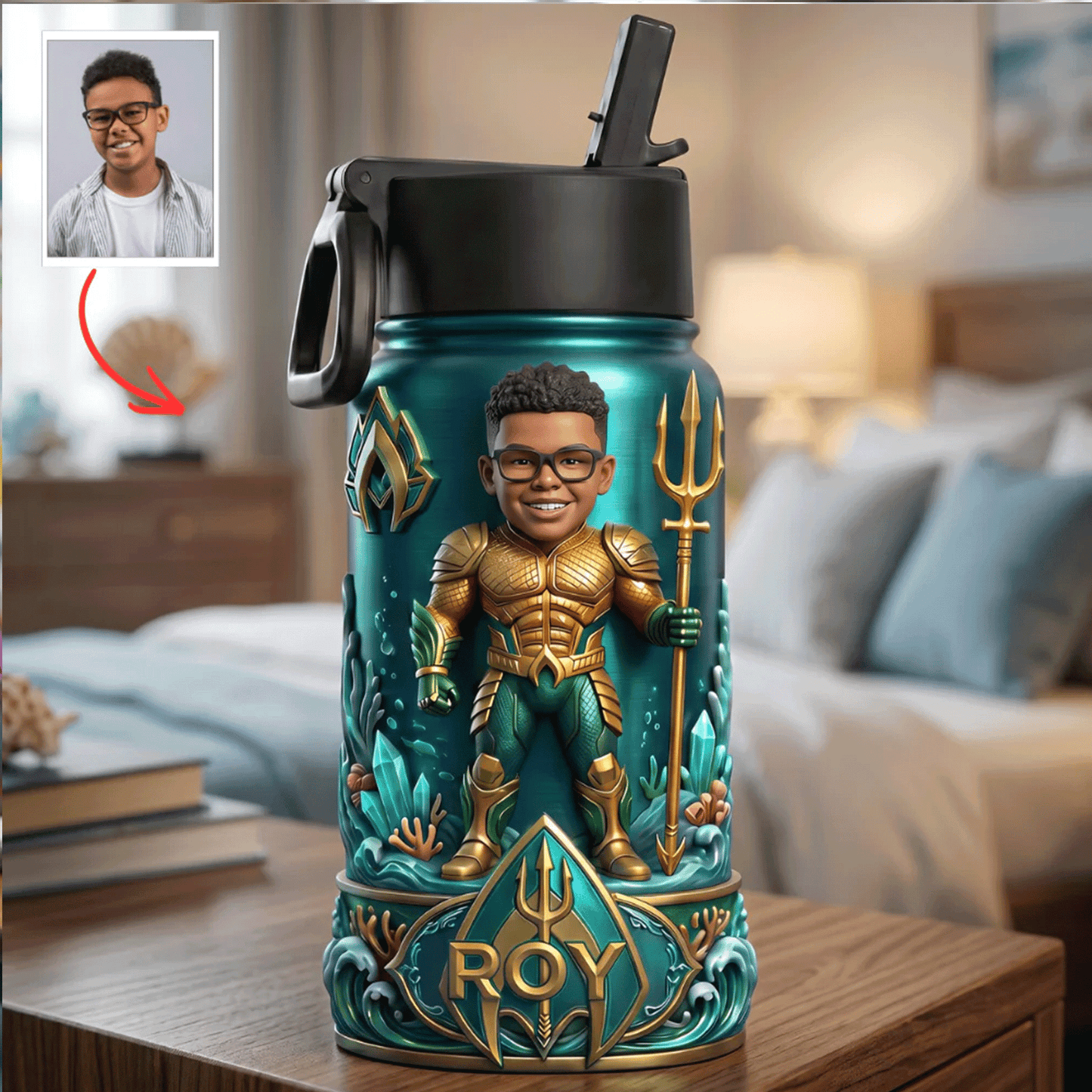 Premium Superhero Custom Photo & Name Kids Water Bottle NMD CTKT
