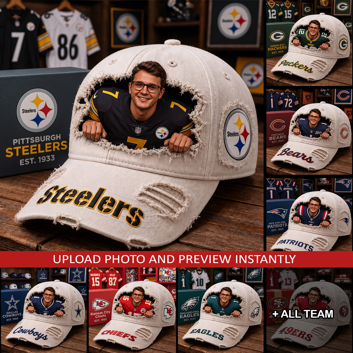 Personalized NFL Premium Vintage Ripped Fan Peek-Out Baseball Cap 0907 NAK NHT