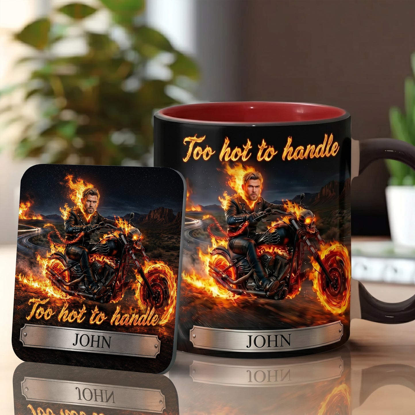 Too hot to handle - Personalized Biker Accent Mug BQH