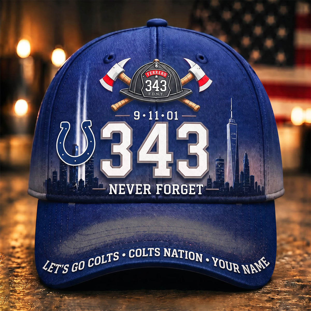 PREMIUM NFL x IND EXCLUSIVE PERSONALIZED 911 Never Forget 343 Firefighter Memorial Cap