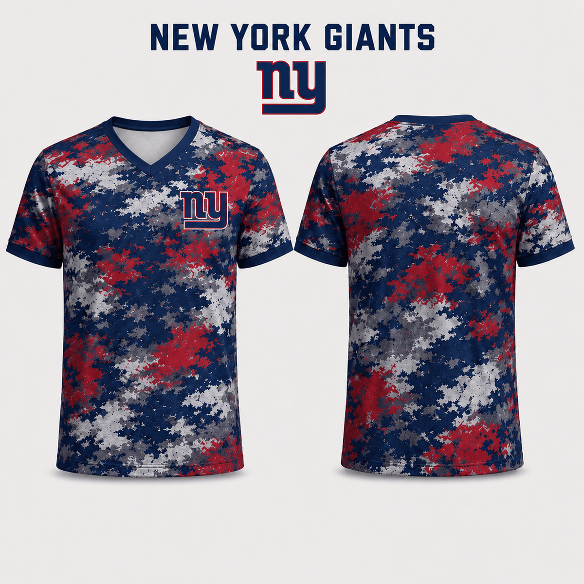 Premium NFL x NYG V-Neck Camo T-Shirt For Fans Loving Digital Camouflage