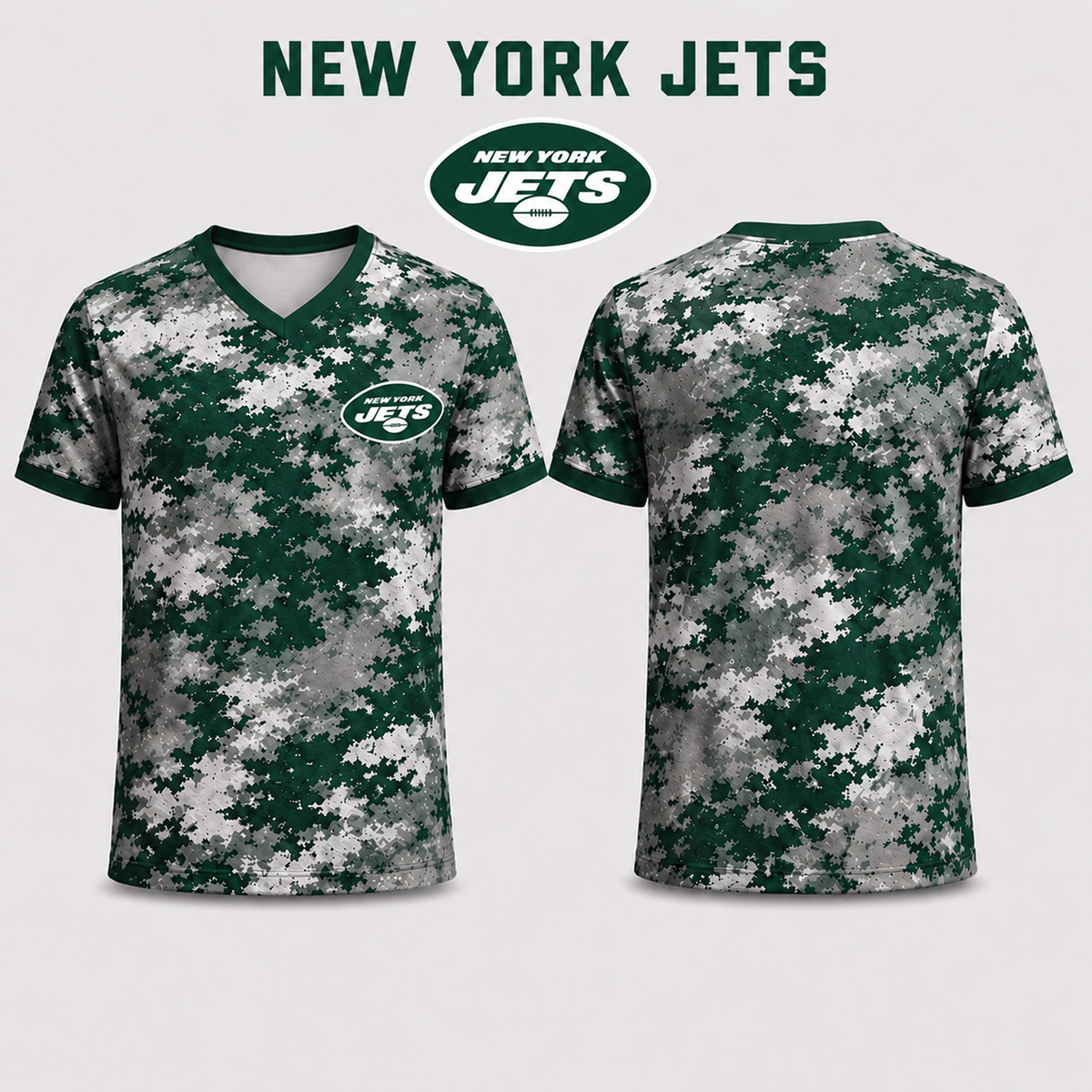 Premium NFL x NYJ V-Neck Camo T-Shirt For Fans Loving Digital Camouflage