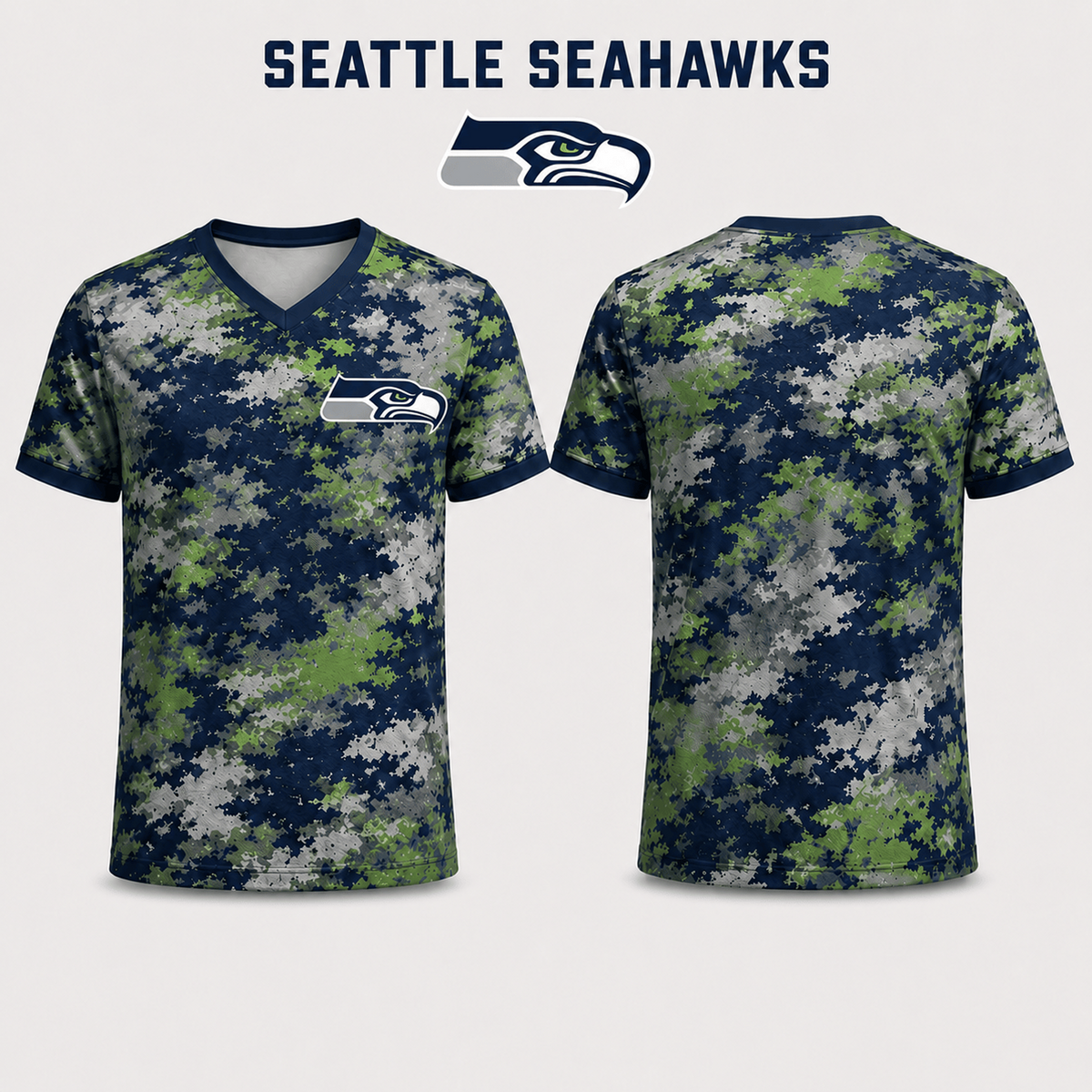 Premium NFL x SEA V-Neck Camo T-Shirt For Fans Loving Digital Camouflage
