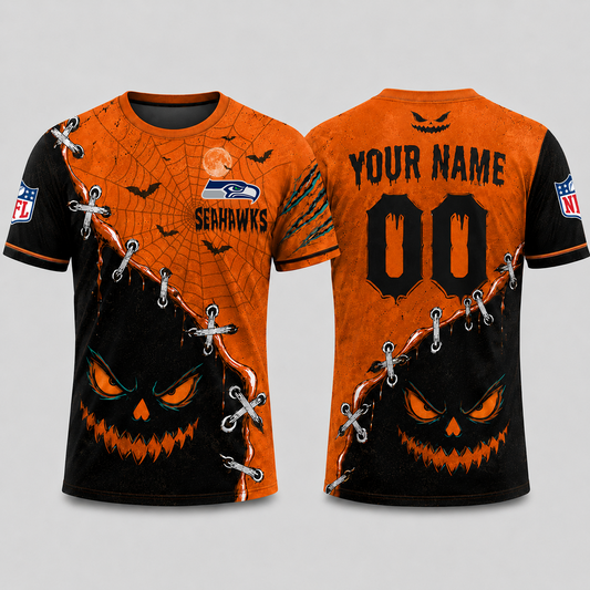 SEA x NFL Halloween Pumpkin Stitched Horror TShirt