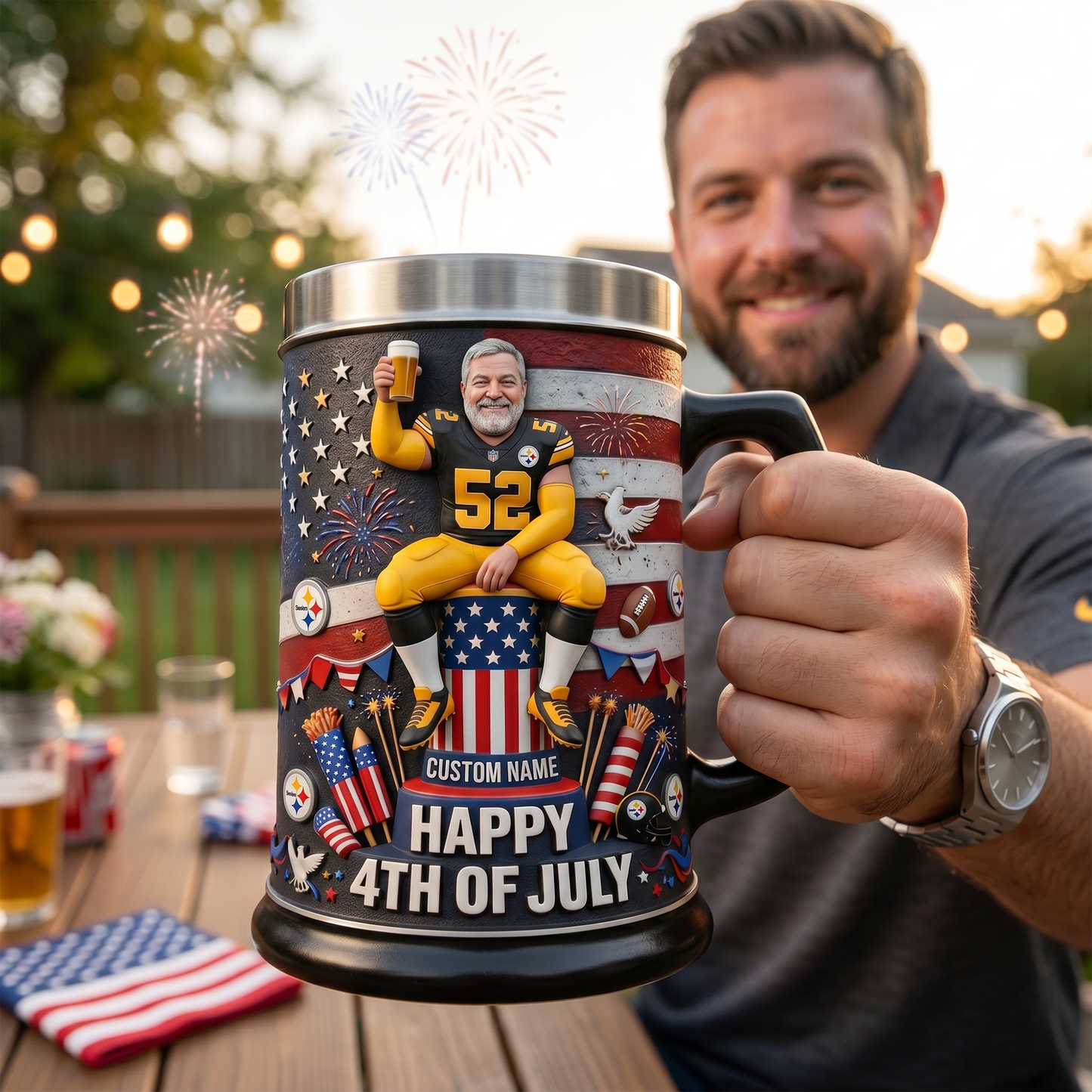 Cheers To Freedom - NFL Personalized Independence Day/ 4th of July Beer Stein 1606 NAK TTT