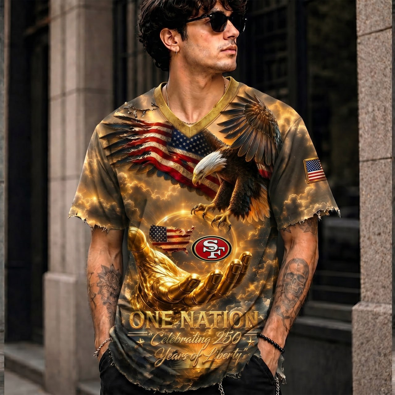 This sports t-shirt commemorates the 250th anniversary of the founding of the United States 2905 NAK TTT